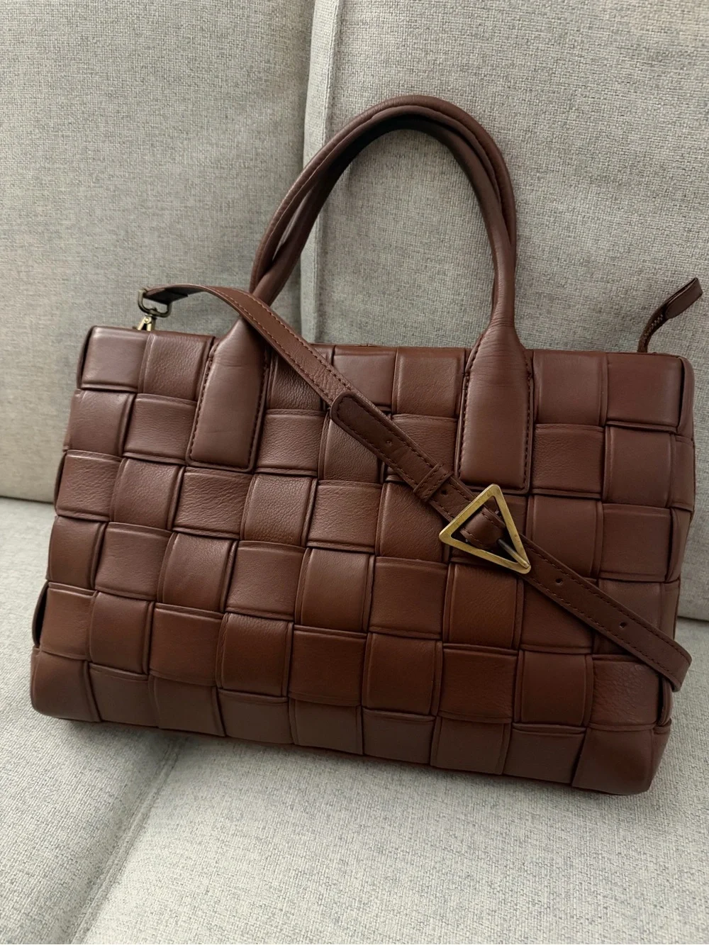 Woven Leather Satchel Bag - Brown